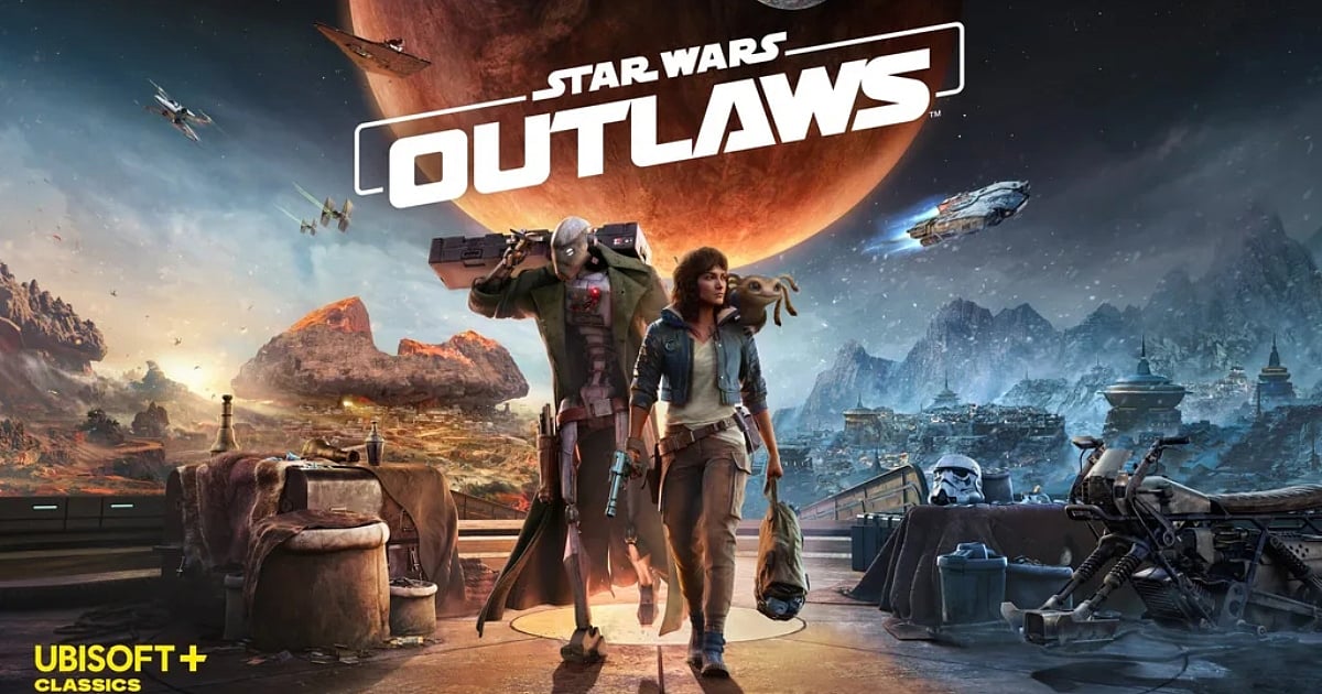 Official key art for Star Wars Outlaws showing the protagonist Kay Vess and her companion Nix walking on a desert planet with a large moon, spacecraft, and mountains in the distance.