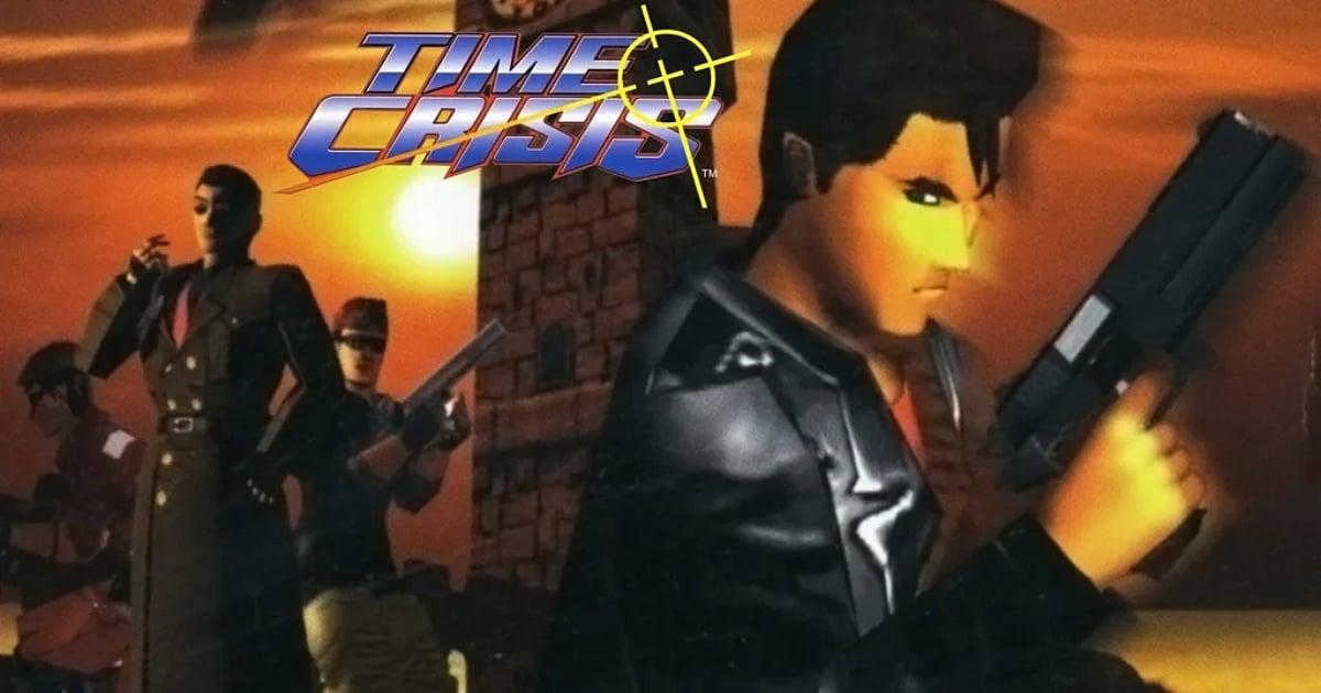 Promotional art for the classic light-gun shooter Time Crisis, featuring the protagonist holding a handgun in the foreground with secondary characters and a clock tower set against a sunset background
