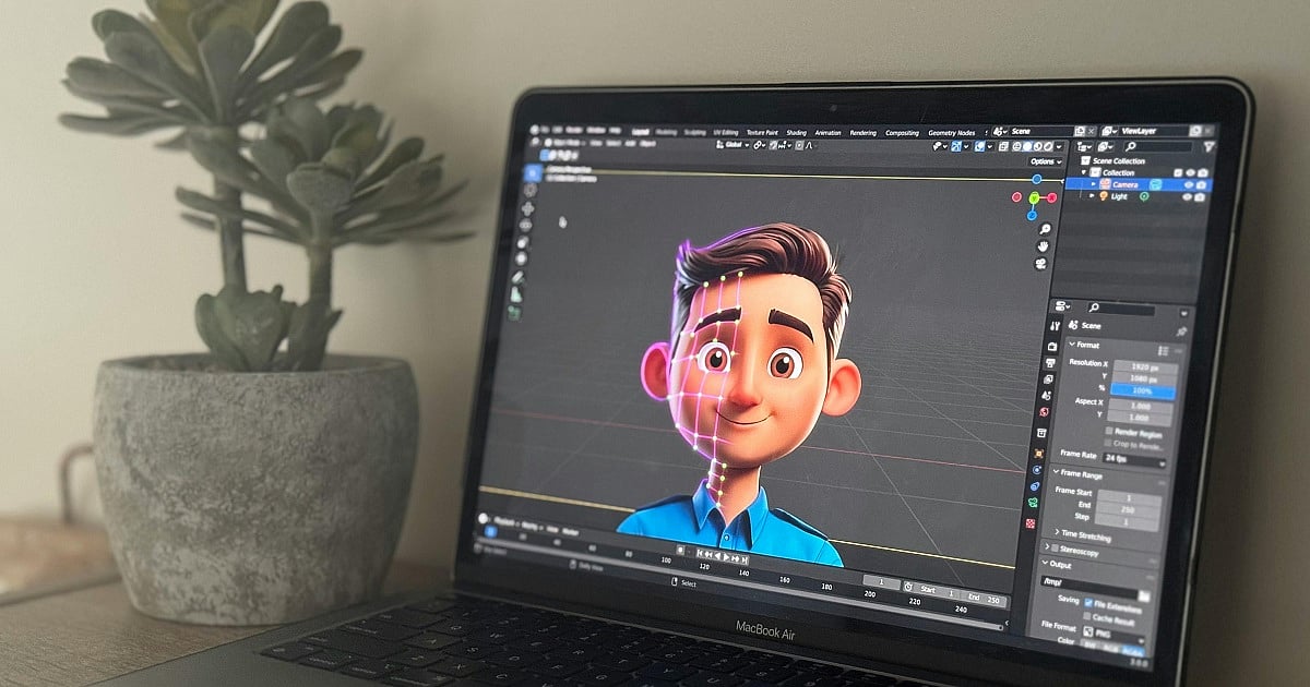 Laptop showing 3D animation software in a creative workspace