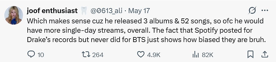 Fan reactions regarding BTS-Drake Spotify controversy on X, formerly Twitter.