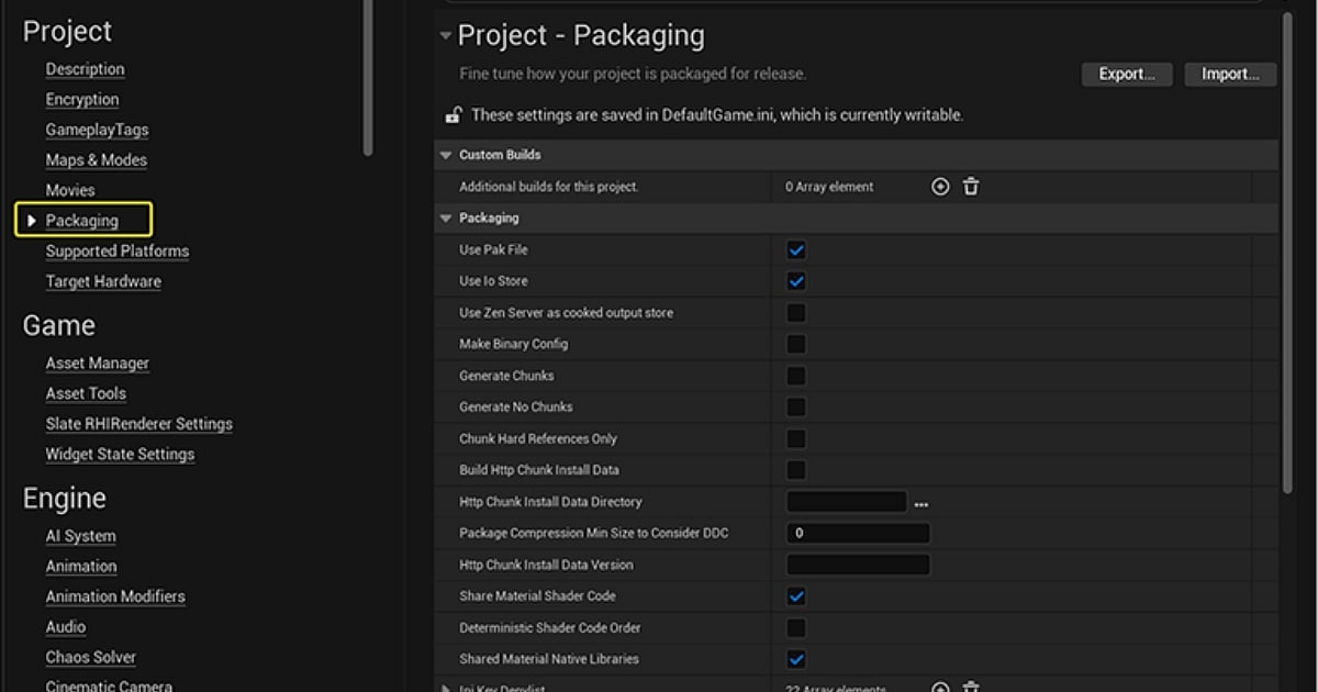 A screenshot of the "Project Settings" window in Unreal Engine. In the left-hand navigation pane under the "Project" category, the "Packaging" option is selected and highlighted with a yellow box. The main panel on the right displays various detailed configuration settings for "Project - Packaging", showing several checked boxes such as "Use Pak File" and "Use Io Store."