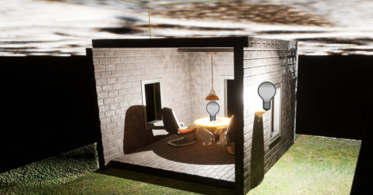 A 3D viewport in Unreal Engine showing a small, partially enclosed room with brick-textured walls and a tiled floor. Inside the room are a table, two chairs, and a hanging lamp. Two lightbulb icons, representing light source objects in the editor, are visible, one over the table and one on the right wall, casting realistic shadows across the room.