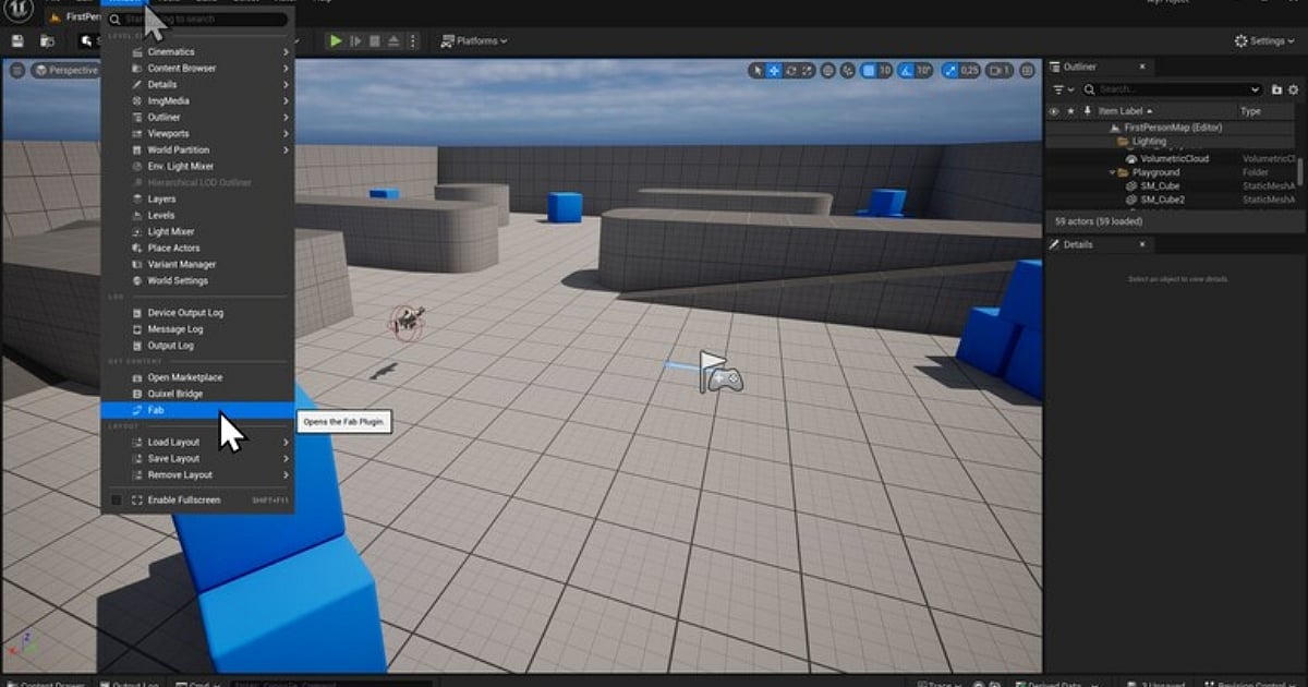 A screenshot of the Unreal Engine 5 editor interface showing how to open the Fab plugin. The "Window" menu at the top of the screen is open, and a mouse cursor is hovering over the "Fab" option in the dropdown list, highlighting it in blue. A small tooltip next to the cursor reads "Opens the Fab Plugin." The background displays a 3D viewport containing a basic greybox level with grid-patterned surfaces and several bright blue cubes.