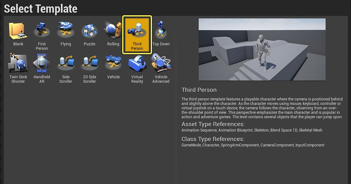 The "Select Template" menu window in Unreal Engine. Various game template icons are displayed, such as Blank, First Person, and Flying. The "Third Person" template icon is highlighted with a yellow box. On the right side of the screen, there is a preview image of a grey mannequin character standing on blockout geometry, accompanied by a text description of the Third Person template features.