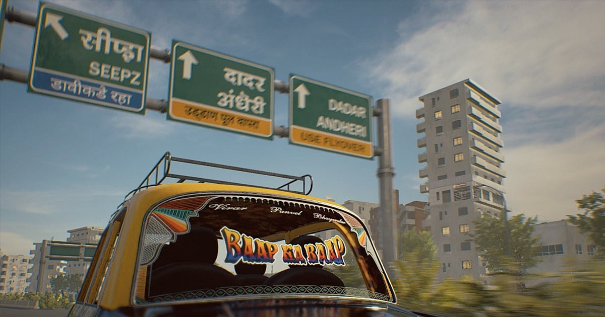 A cinematic in-game screenshot from Mumbai Gullies showcasing a yellow and black taxi driving through the streets of Mumbai beneath overhead road signs pointing toward SEEPZ and Andheri.