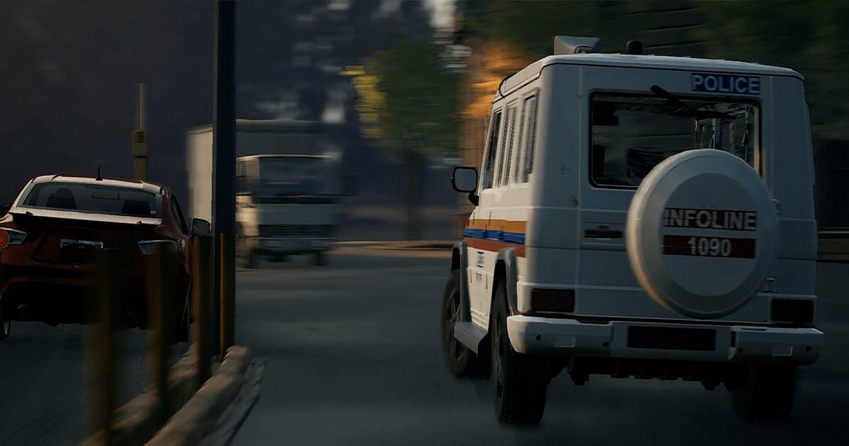 An in-game screenshot from Mumbai Gullies showing a police SUV speeding through a dimly lit urban road during what appears to be a chase sequence portrayed in cinematic lighting and motion blur.