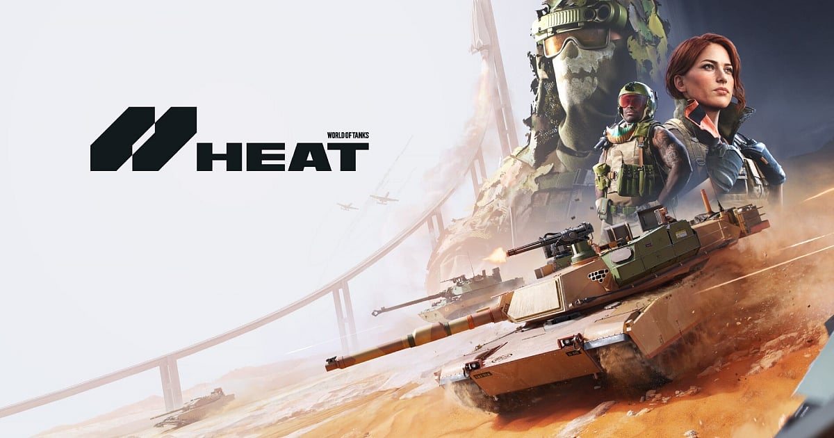 Promotional artwork for the video game "World of Tanks: Heat." The image features a modern tan tank driving and firing across a desert landscape. In the background, there is an elevated highway, fighter jets, a rocket launching, and two character portraits: a soldier wearing a skull mask and tactical gear, and a woman with red hair.
