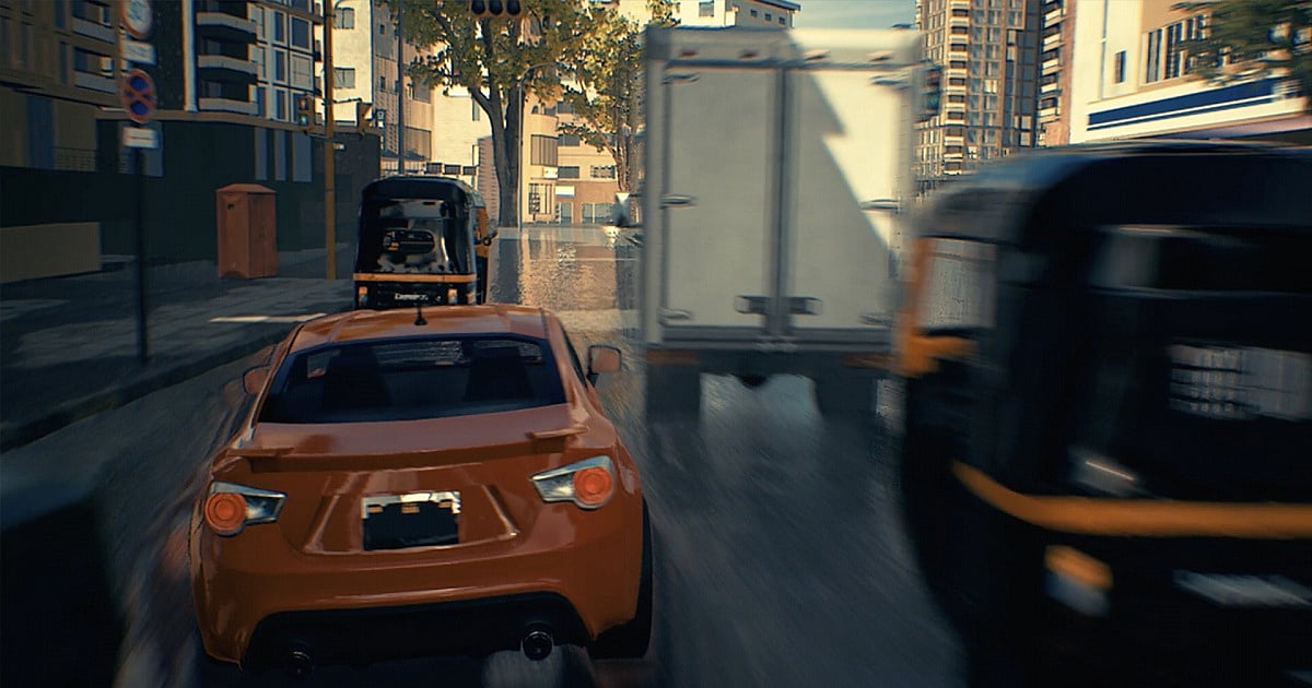 An in-game screenshot from Mumbai Gullies featuring a sports car weaving through dense city traffic on rain-soaked streets lined with high-rise buildings and auto-rickshaws in a scene with heavy motion blur and cinematic camera framing.