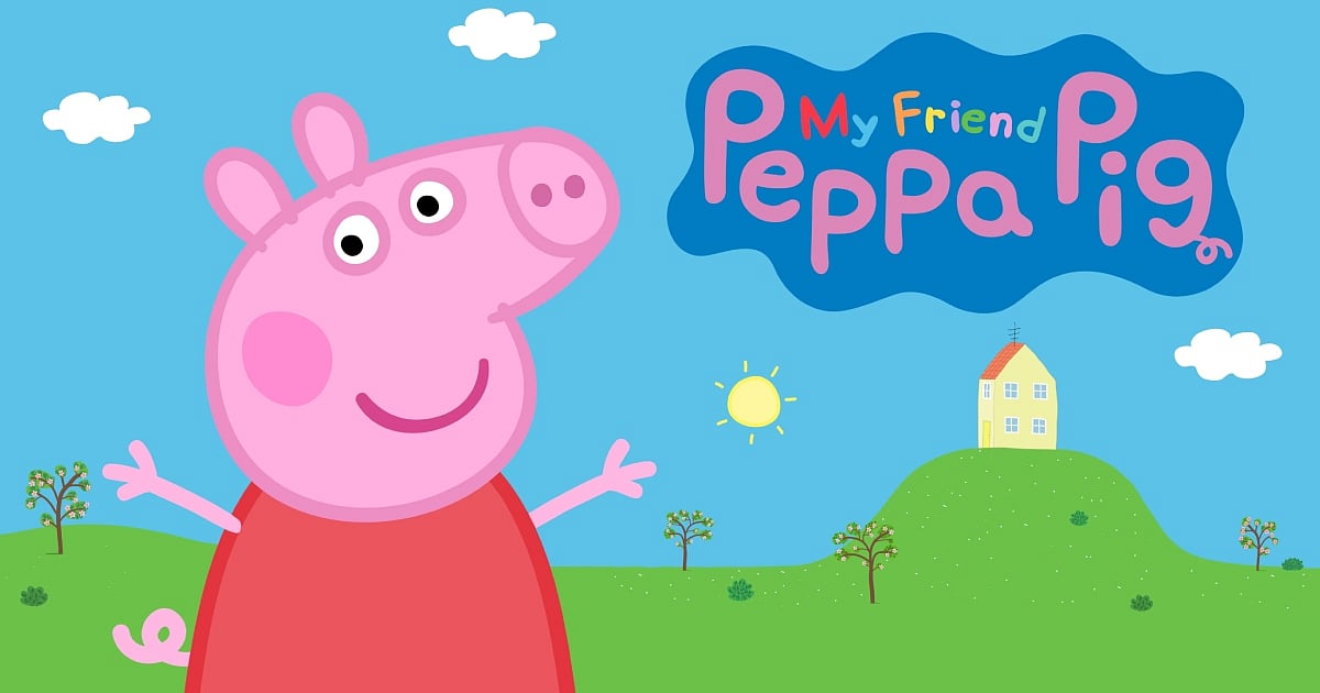 Promotional artwork for the video game "My Friend Peppa Pig." The image features the cartoon character Peppa Pig in her signature red dress, smiling with her arms outstretched. The background shows a bright, colorful day with rolling green hills, small trees, a yellow sun, and Peppa's yellow house sitting on top of a hill.