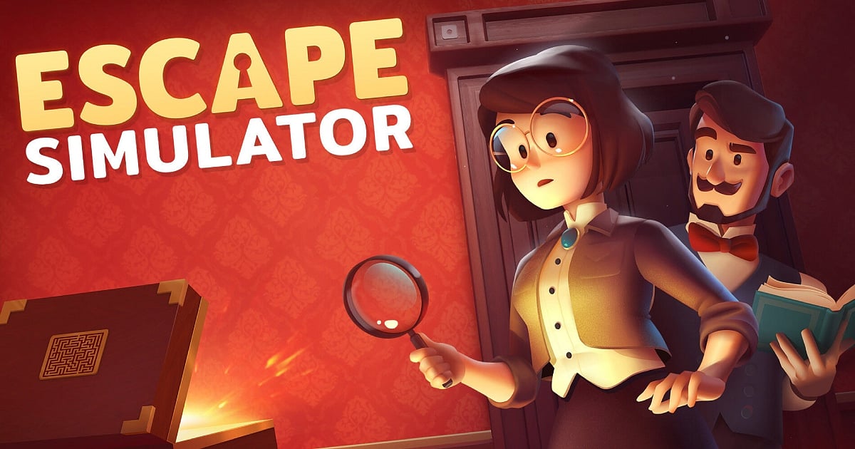 Promotional artwork for the video game "Escape Simulator." It shows two cartoon-style characters, a woman holding a magnifying glass and a man holding a blue book, looking intently into a glowing wooden box with a maze puzzle on its lid. The background is a room with red patterned wallpaper.