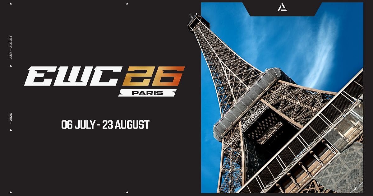 EWC 2026 Paris official announcement creative with the Eiffel Tower and tournament dates July 6 to August 23