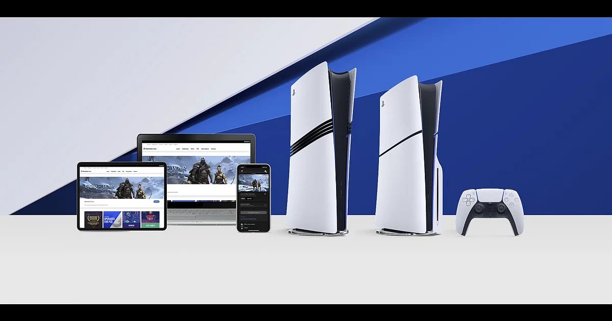 Two PlayStation 5 console models displayed alongside a DualSense controller and multiple connected devices, including a tablet, laptop, and smartphone with the Sony PlayStation Store app visible.