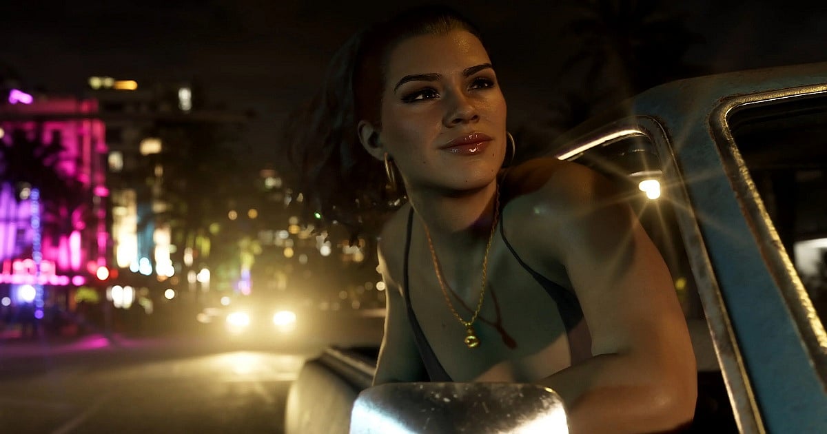 GTA 6 promotional screenshot featuring Lucia leaning out of a moving car in a neon-soaked nightlife district, showcasing Rockstar Games’ cinematic character design, realistic facial details, and immersive urban atmosphere.
