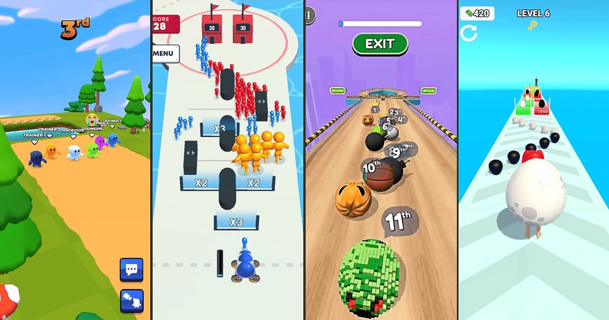 The provided image display a collage of various hypercasual mobile game interfaces. These games feature minimalist 3D graphics, simple touch-based mechanics, and diverse gameplay styles, including obstacle courses, physics-based puzzles, and runner-style challenges. Each panel highlights distinct levels, scores, and vibrant, colorful designs characteristic of the genre.