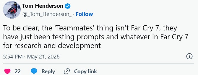 Screenshot of an X exchange where Tom Henderson clarifies Far Cry 7 is only being used to test AI prompts for R&D.