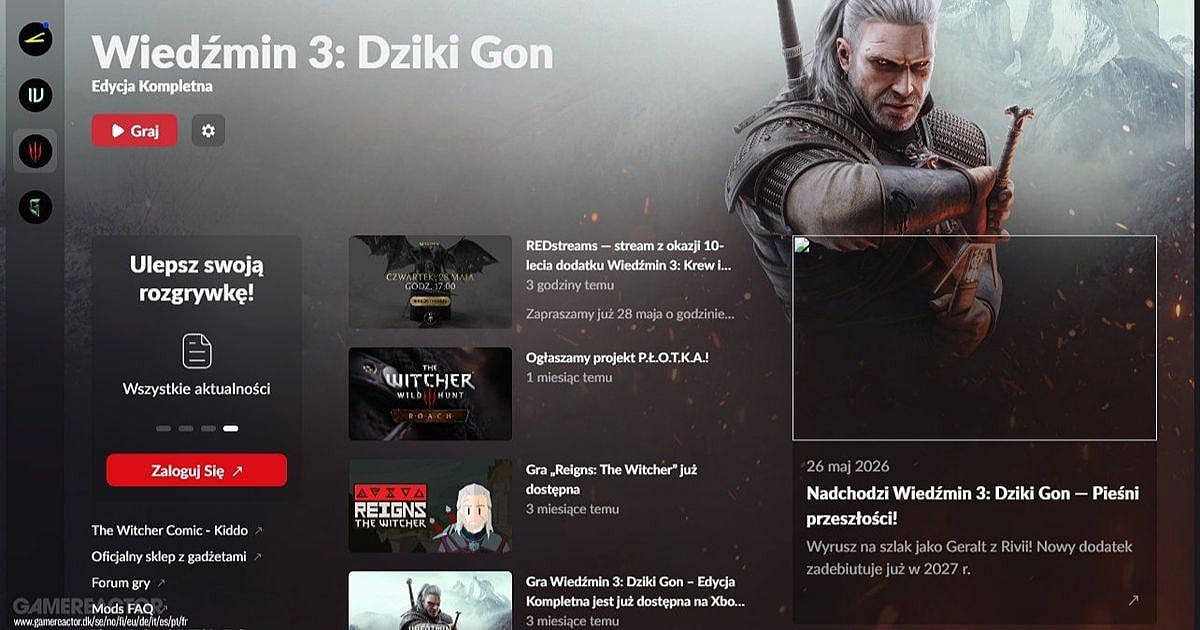 CD Projekt RED Polish launcher showing a news entry for the Witcher 3 Songs of the Past expansion
