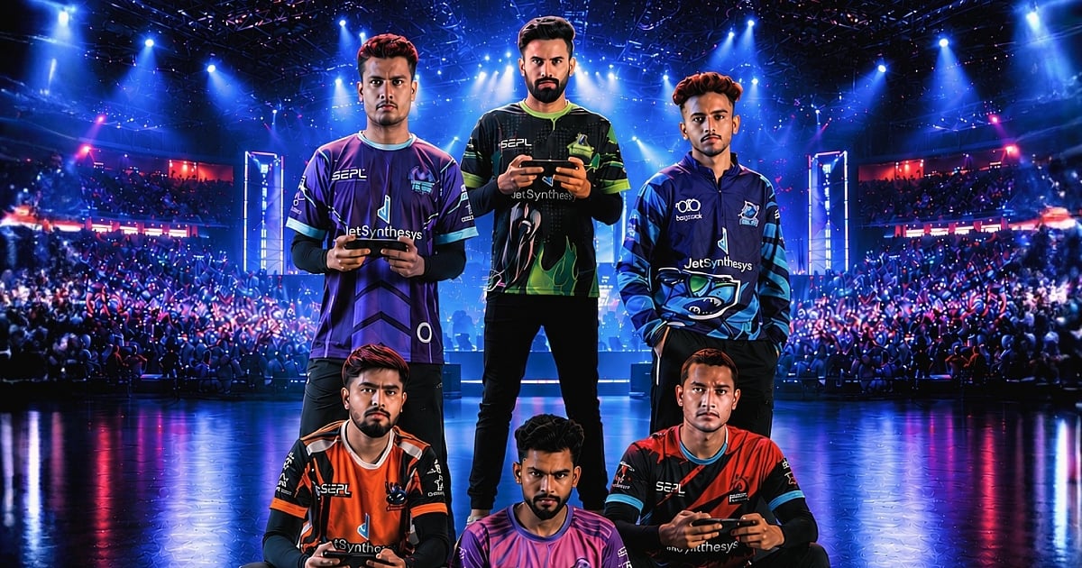 Professional esports players wearing branded team jerseys stand on a digital cricket stadium stage, holding smartphones. 