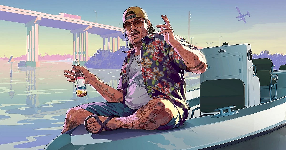 Stylized promotional artwork from Grand Theft Auto VI showing a laid-back man sitting on the edge of a small motorboat in shallow coastal water during sunset. He wears a backward baseball cap, tinted sunglasses, an open floral Hawaiian shirt over a white tank top, shorts, and flip-flops.