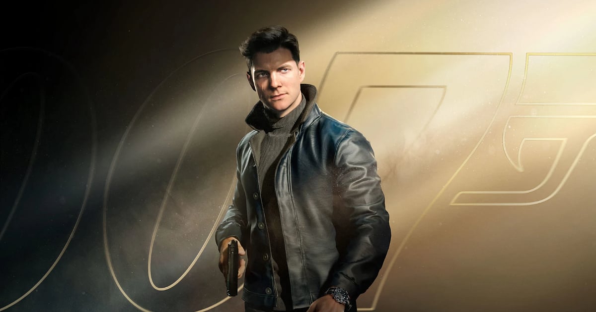 Promotional artwork for 007 First Light showing a young James Bond holding a pistol, wearing a black leather jacket and turtleneck, with a stylized 007 logo in the background.