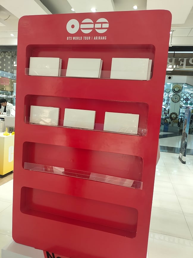 BTS ARIRANG Pop-up having only a few pieces of Rooted in Music Version: Captured at Shoppers Stop, South City Mall (Kolkata, West Bengal, India)