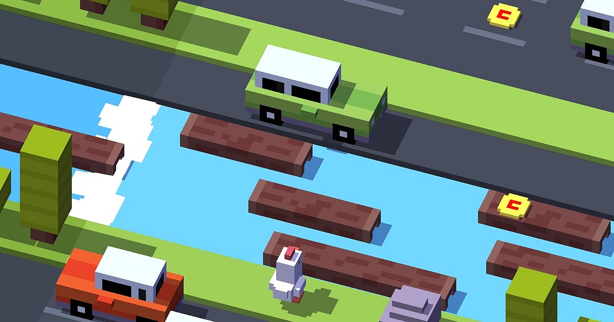 A classic top-down perspective gameplay scene from Crossy Road, showing a chicken attempting to navigate across a busy road with moving cars and a river with floating logs.