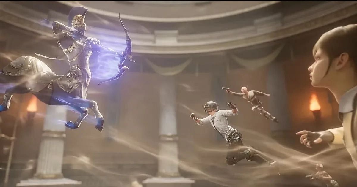A glowing mounted boss fires a bow at airborne BGMI players inside a temple in Heroes Crown