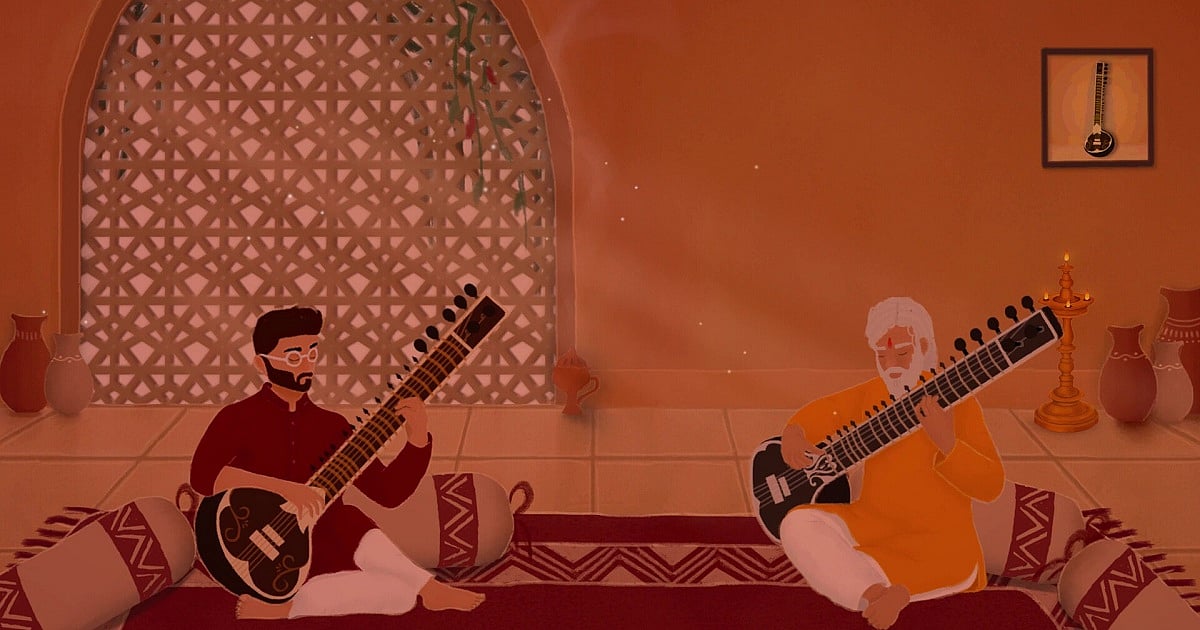 Two musicians sit cross-legged on a patterned carpet inside a warmly lit room inspired by traditional Indian architecture. Both are playing sitars, with one younger performer in red attire and an older musician in orange robes. Decorative pottery, a brass oil lamp, and a lattice-style window frame the scene, while soft orange lighting creates a calm and intimate atmosphere in Malhaar, the musical RPG from Coffee For Two Studio.