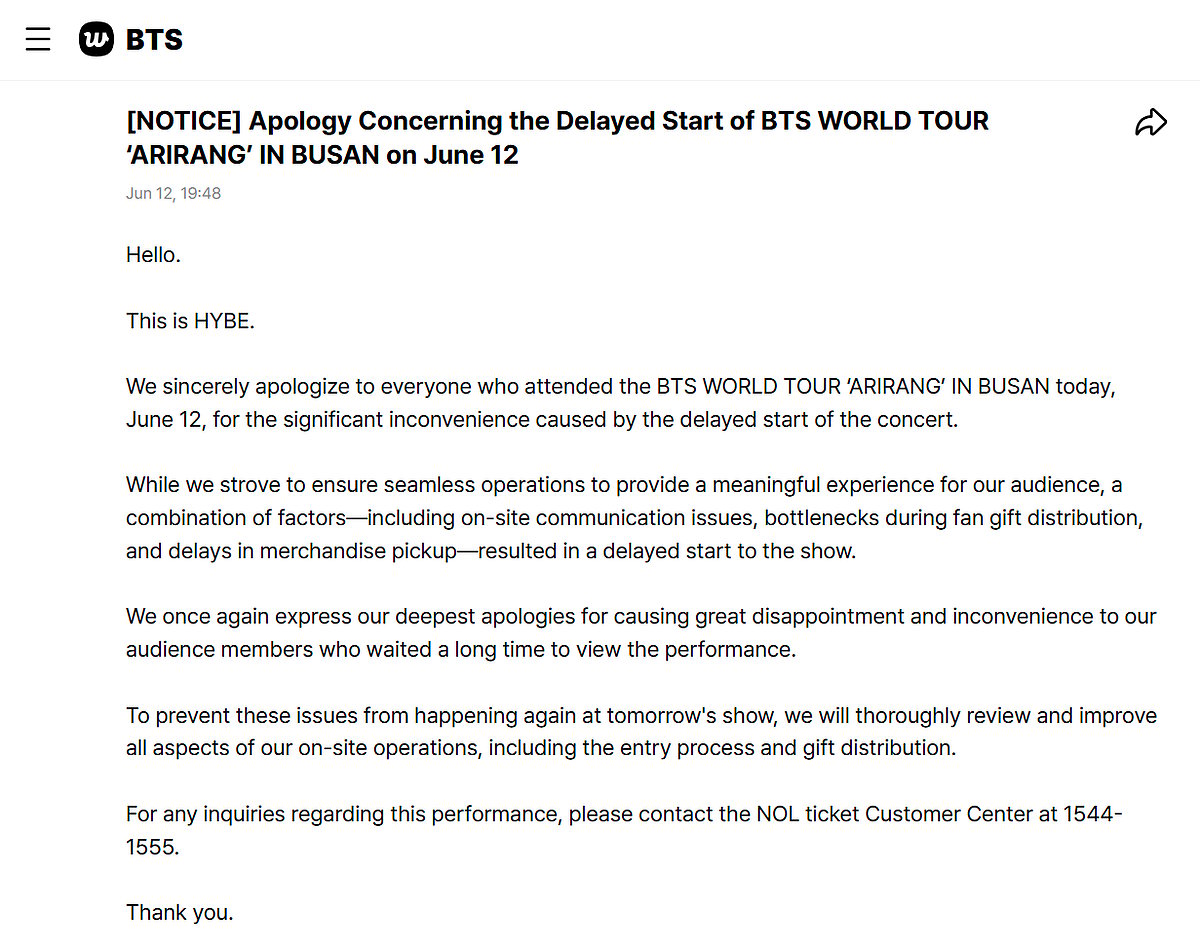 BTS BUSAN CONCERT DELAY WEVERSE NOTICE