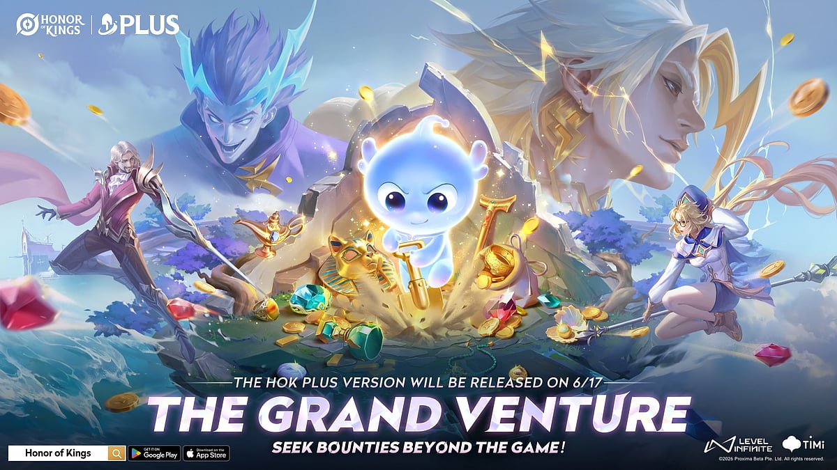 Honor of Kings promotional banner for "The Grand Venture" HOK Plus update, featuring a glowing spirit mascot surrounded by gold coins and gems, flanked by four heroes against a fantasy sky backdrop, launching June 17.
