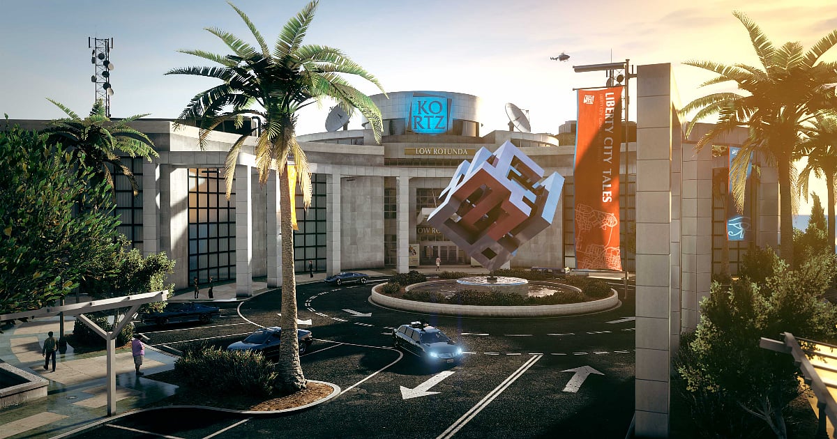 The Kortz Center in GTA Online, featuring the gallery entrance, palm trees, and central sculpture ahead of the upcoming heist update.