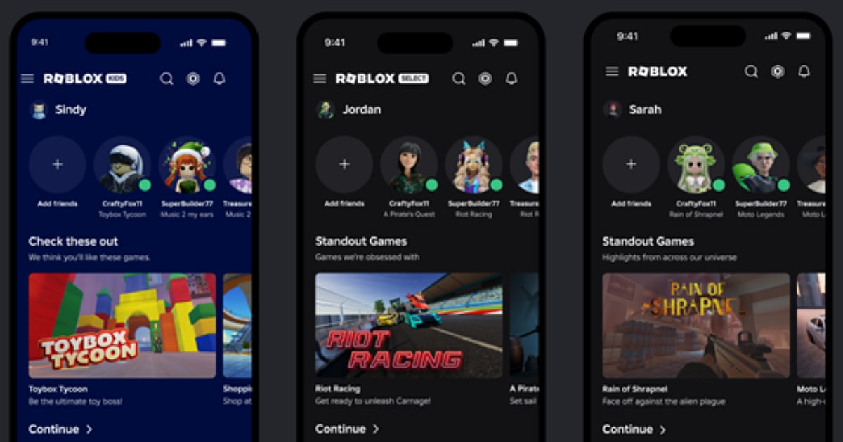Three smartphones showcasing Roblox's new age-based account tiers: Roblox Kids, Roblox Select, and standard Roblox, each displaying tailored home screen interfaces.