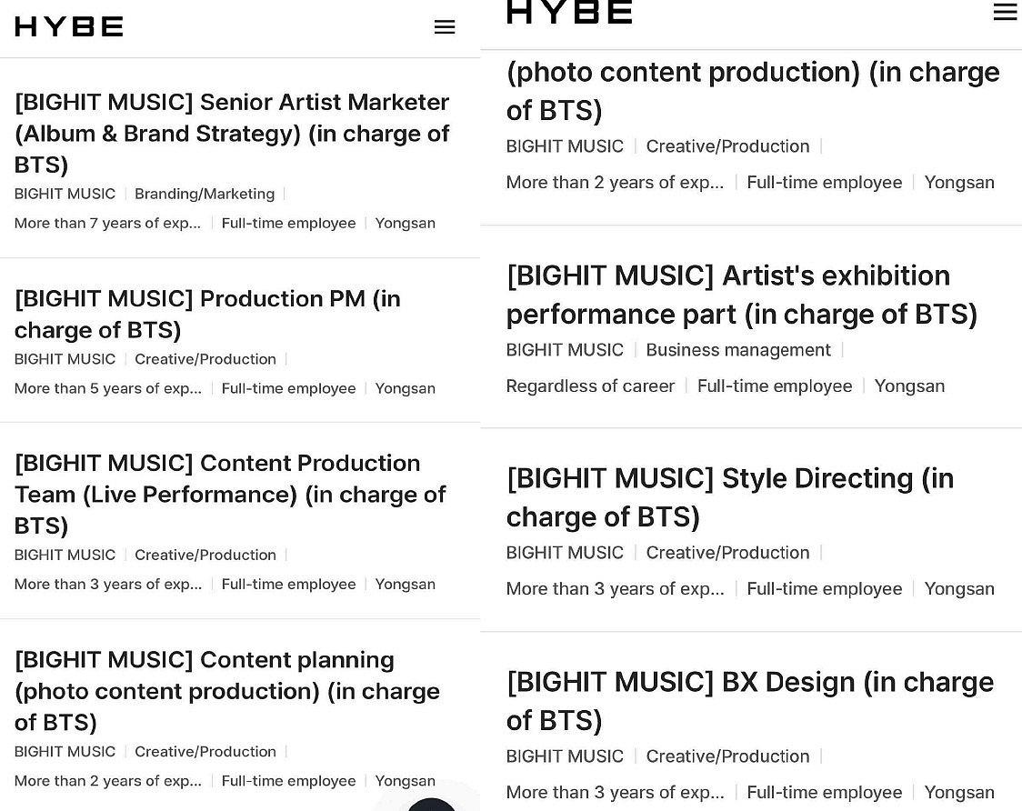 HYBE BTS JOBS 2026 (Image Source: HYBE Career Page/X Post)