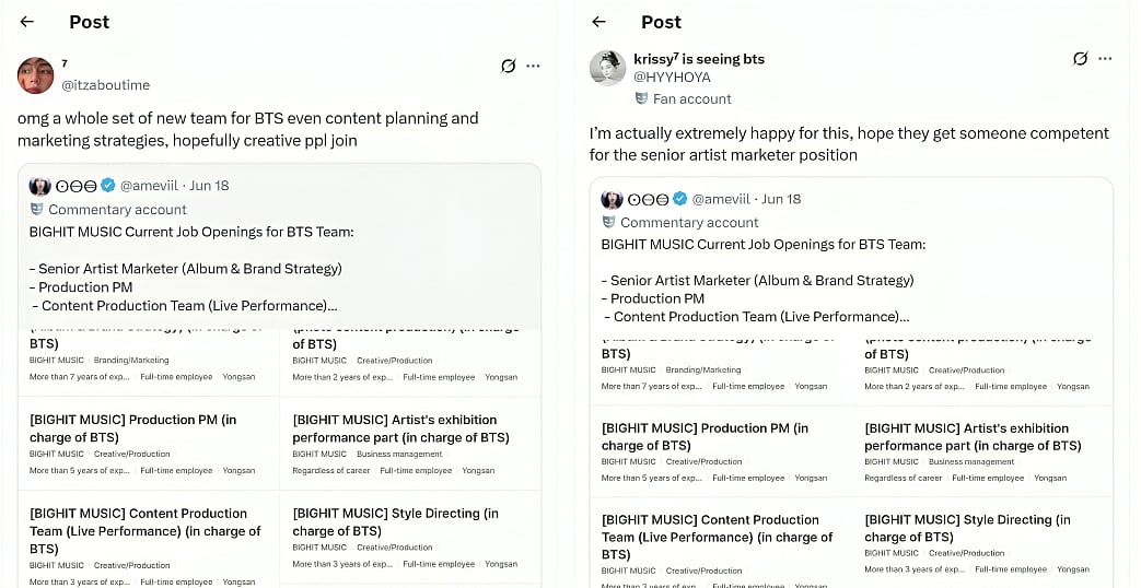 ONLINE RESPONSE OF HYBE'S NEW JOB OPPORTUNITIES WITH REGARDS TO BTS (IMAGE COURTSEY: X/SCREEN CAPTURE)