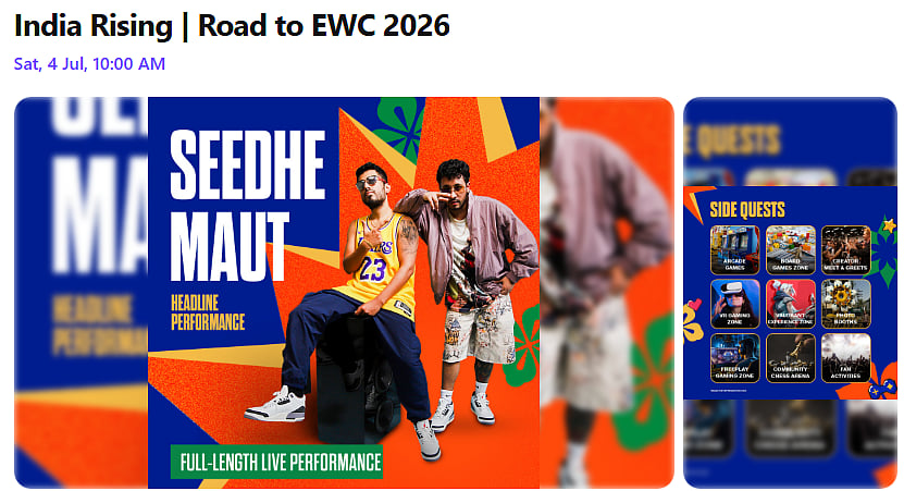 Road to EWC 2026 festival listing with Seedhe Maut as headline act and a Side Quests activity grid, Mumbai, 4 July