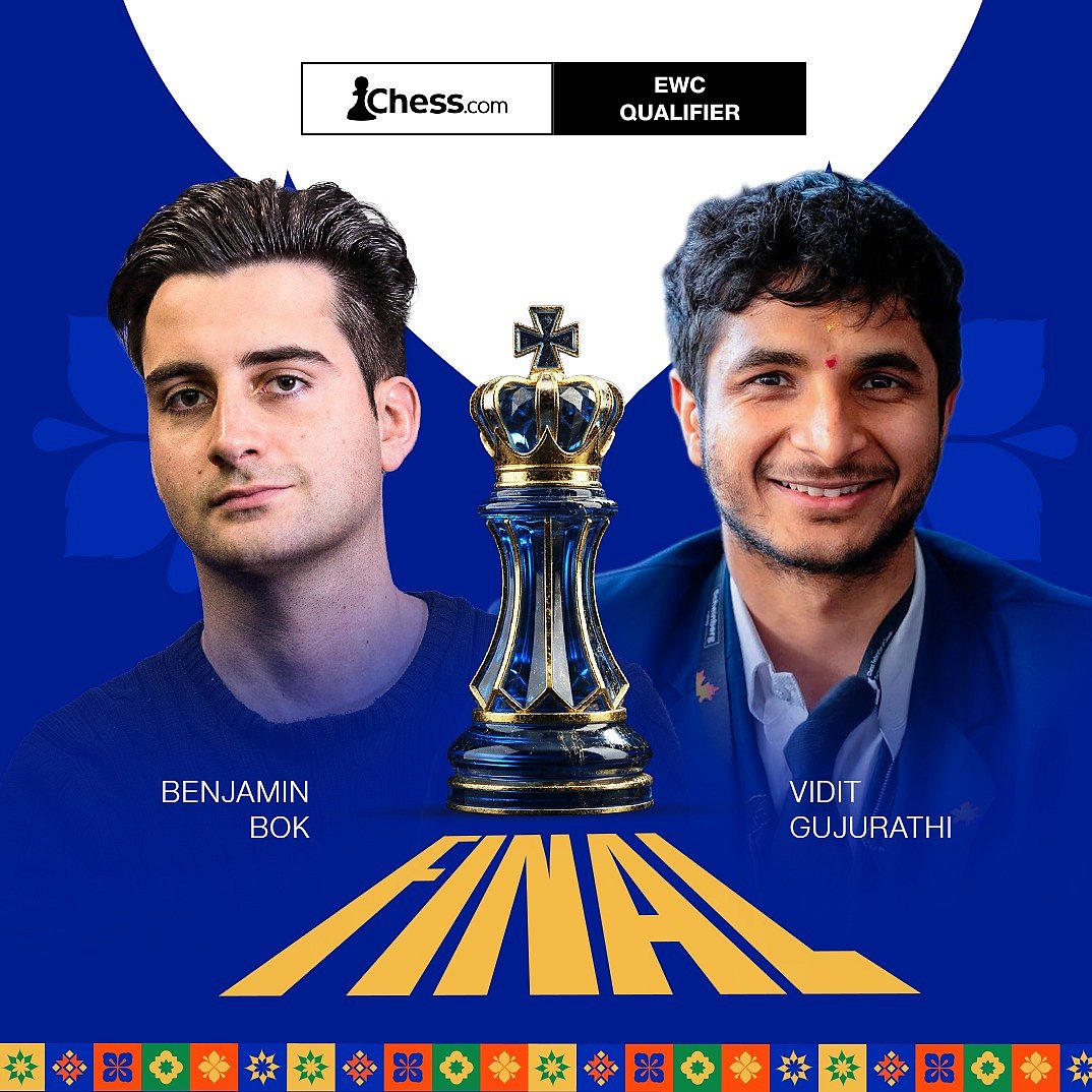 India Rising chess final graphic with Benjamin Bok and Vidit Gujrathi either side of a blue chess king, for an Esports World Cup 2026 place