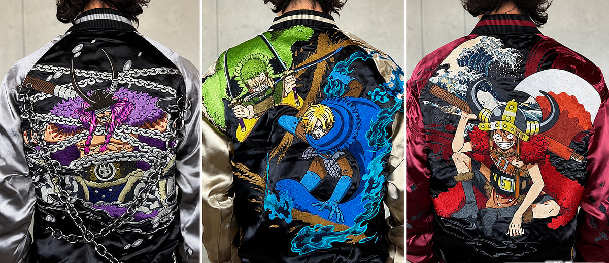 Elbaf Reversible Sukajan Jacket Lineup featuring  Loki, Zoro & Sanji, and Luffy