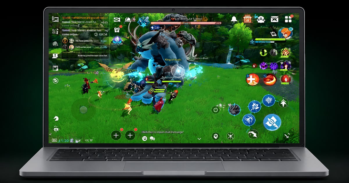 Laptop displaying Google Play Games on PC with an MMORPG boss battle, featuring multiple players, combat effects, and an on-screen game interface.