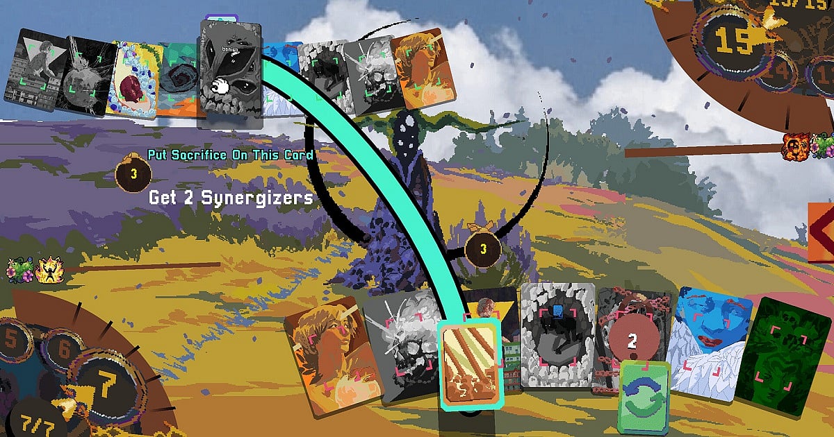 Gameplay screenshot from Appa by Heat Death Studio showing a painterly card battle set in a sunlit countryside with rolling yellow fields and cloudy skies. A tall, shadowy creature with glowing white eyes stands in the center of the battlefield. A gameplay prompt reads, "Put Sacrifice On This Card – Get 2 Synergizers."