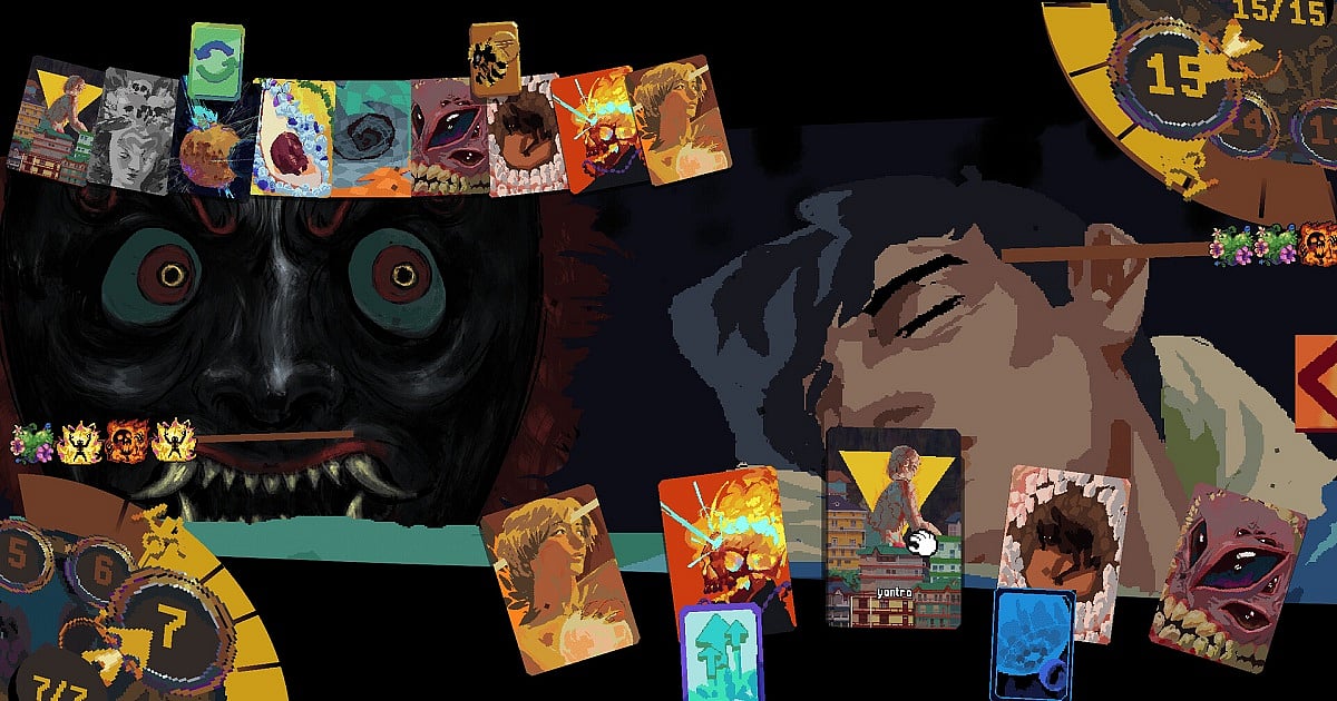 A surreal gameplay screenshot from Appa by Heat Death Studio. A nightmarish black-faced figure with glowing red eyes and sharp teeth looms on the left, while a sleeping young man occupies the right side. Numerous illustrated cards are scattered across the screen and battlefield, depicting creatures, symbols, flames, portraits, and abstract imagery.