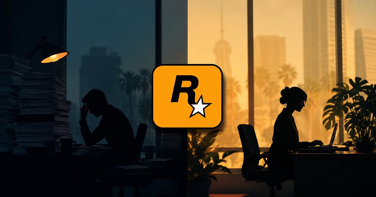 An illustration of two Rockstar Games employees working in contrasting office environments, symbolizing workplace concerns over pay, crunch, and working conditions.