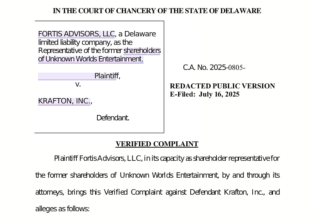 Court filing showing Fortis Advisors LLC's complaint against Krafton in the Delaware Court of Chancery.