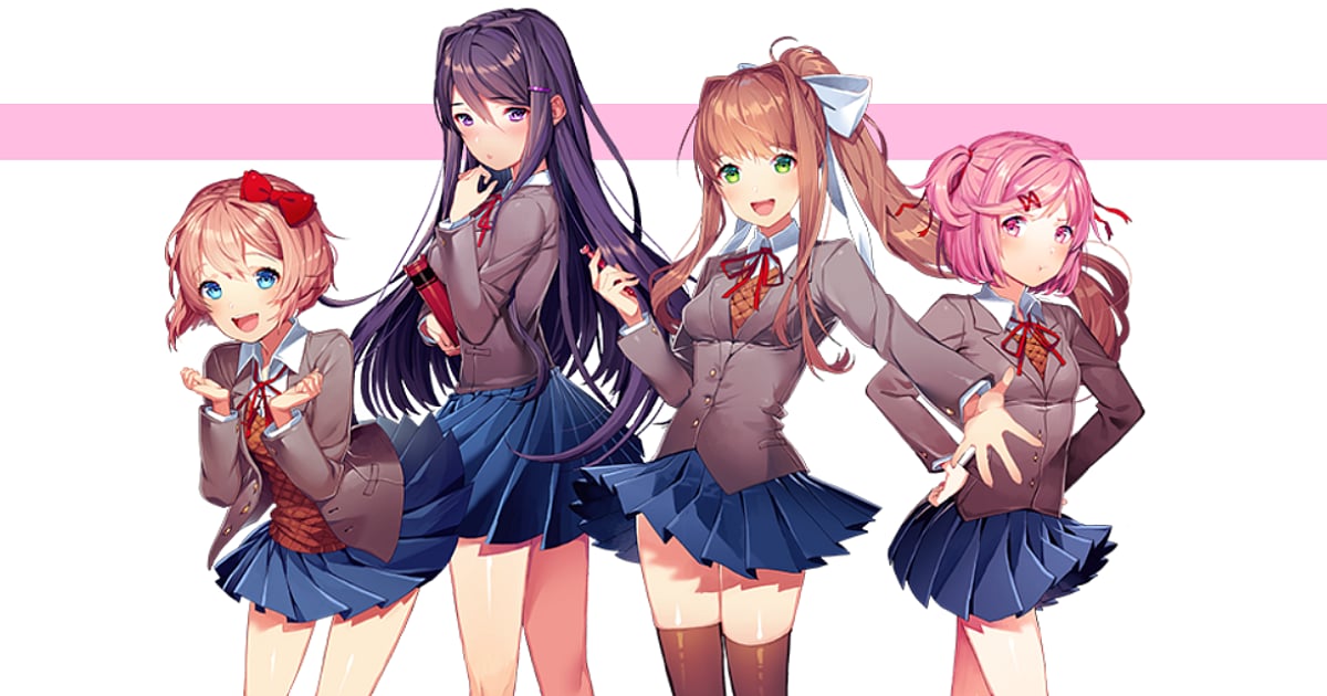 Promotional artwork featuring the four main Doki Doki Literature Club characters, Sayori, Yuri, Monika, and Natsuki, standing together in their school uniforms.