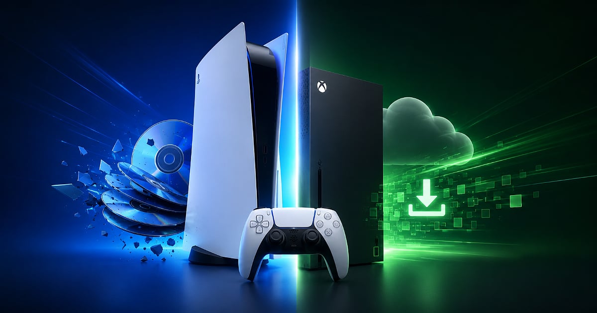 PlayStation 5 and Xbox Series X with shattered game discs and digital effects, representing the gaming industry's shift from physical media to digital distribution.
