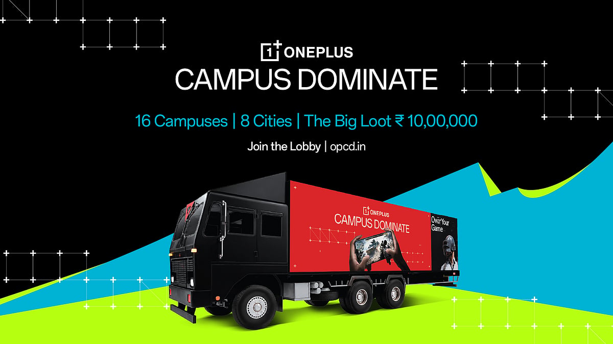 OnePlus Campus Dominate 2026 promotional artwork featuring a branded black truck, highlighting the esports tournament across 16 campuses in eight cities with a INR10 lakh prize pool.