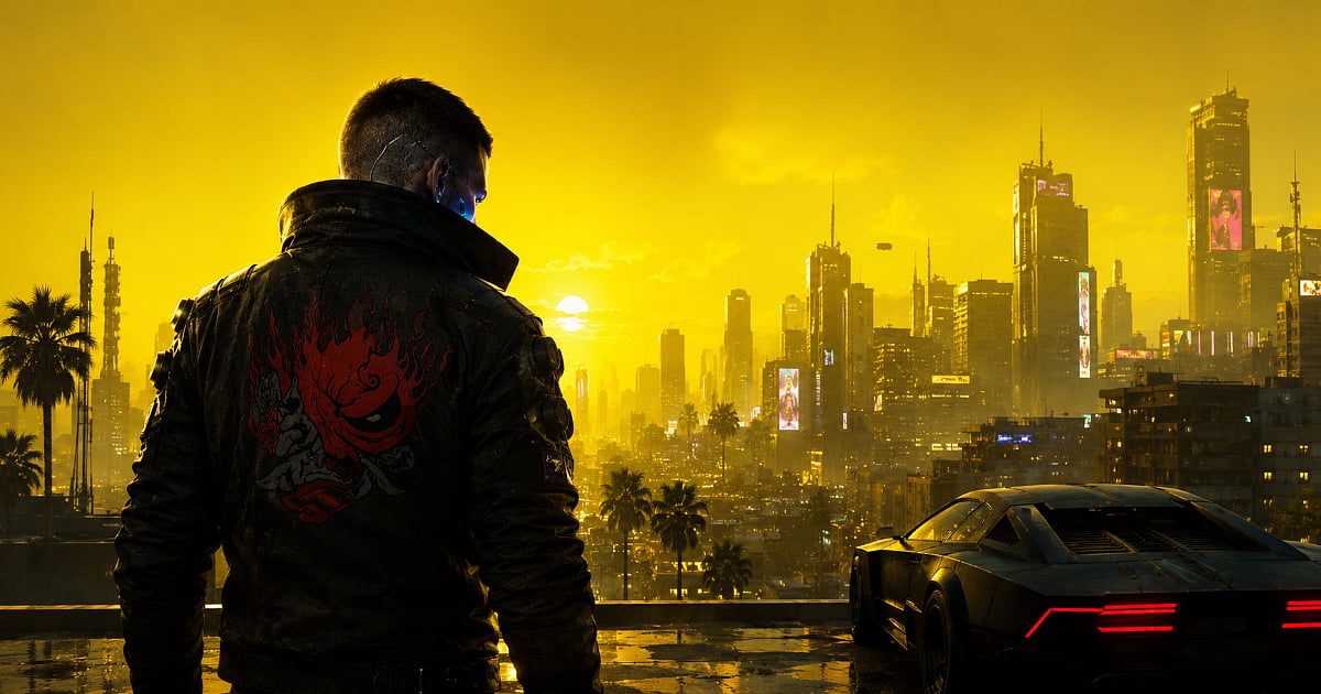 Cyberpunk-inspired figure overlooking a futuristic Night City skyline beside a sleek sports car at sunset.
