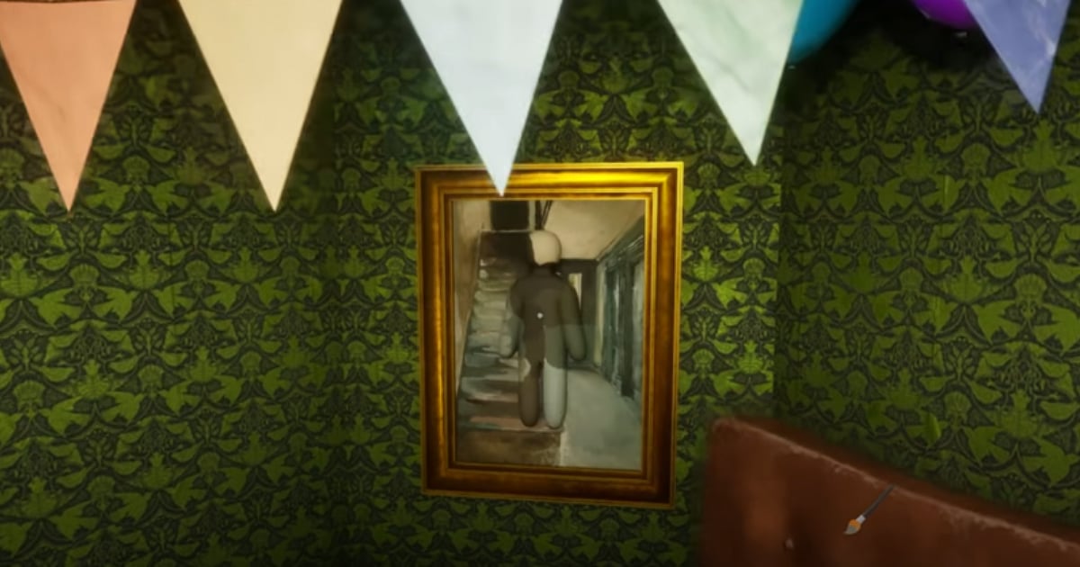 A screenshot from MECCHA CHAMELEON showing a framed painting of a disguised humanoid figure on a green patterned wall with colorful party banners overhead.