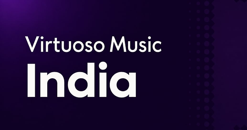 Graphic with a dark purple background featuring a subtle light glow in the top-left corner and a vertical halftone dot pattern on the right side. In the center-left, the words "Virtuoso Music" are written in a clean white sans-serif font, with the word "India" displayed directly underneath in a larger, bold white font.