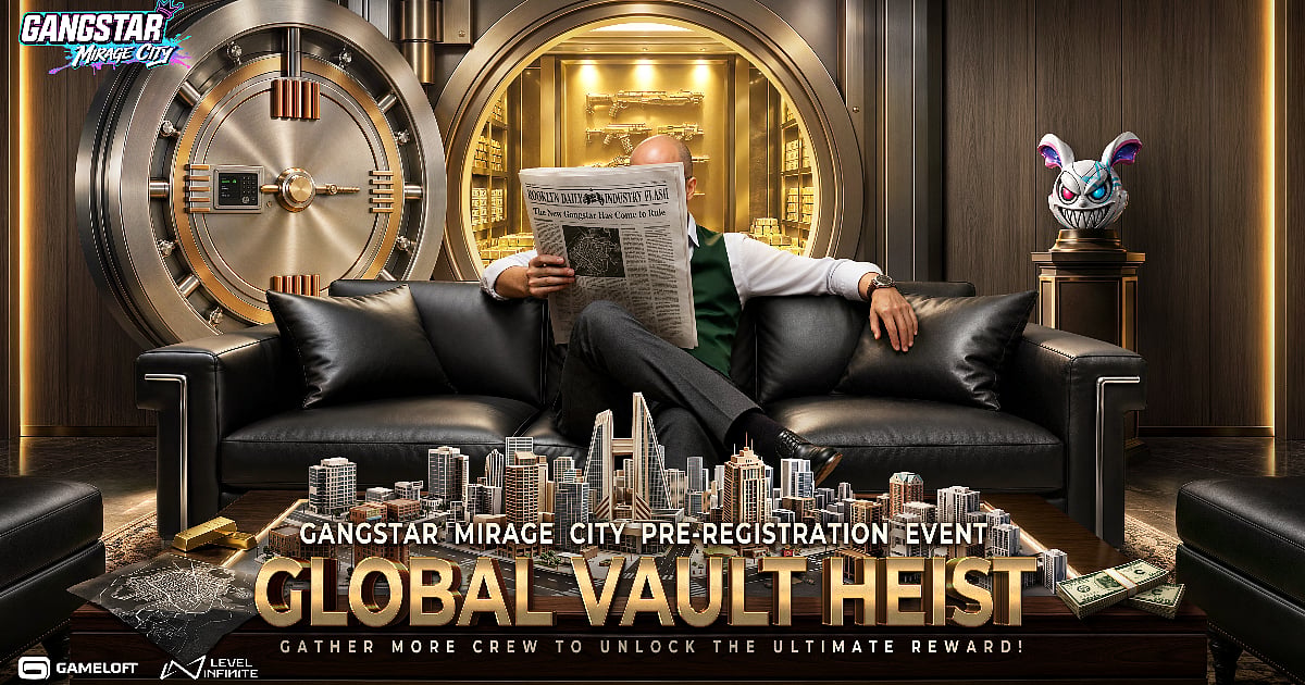 Promotional artwork for the Gangstar Mirage City Global Vault Heist event showing a figure reading a newspaper in front of an open vault, with a city model, gold bars, cash, and weapons displayed inside the vault.