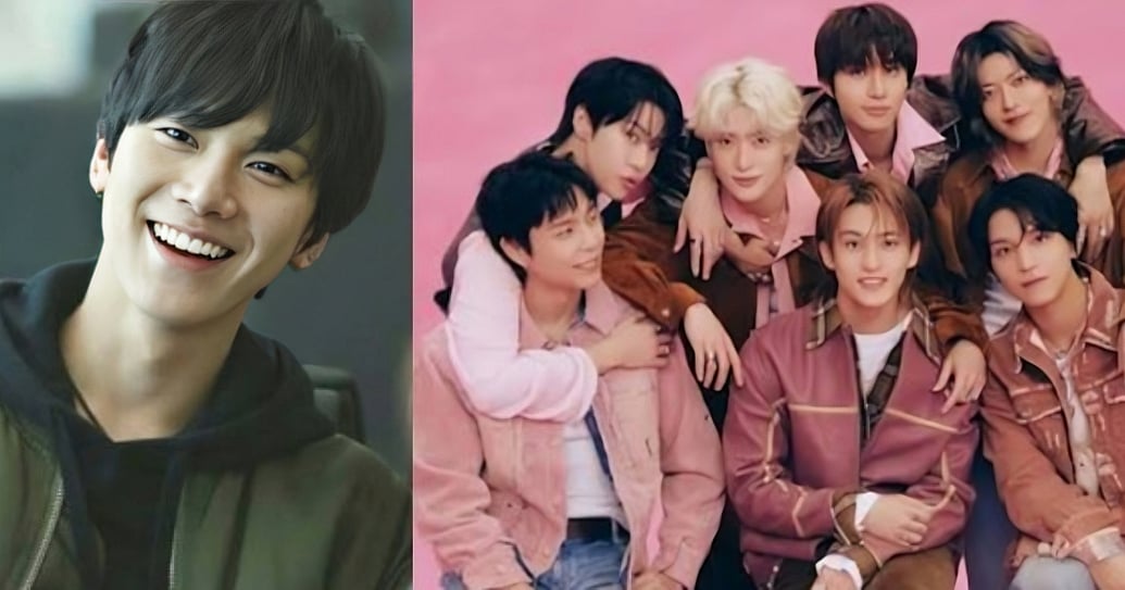 A two-panel side-by-side composite photograph. The left panel is a close-up portrait of a smiling young man with dark hair wearing a black hoodie under an olive green jacket. The right panel shows a group of seven young men posing closely together against a vibrant pink background. They are wearing coordinated casual outfits in matching shades of earthy brown, pink, and tan jackets.