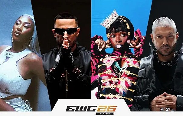 Promotional artwork for the Esports World Cup 2026 opening ceremony featuring Aya Nakamura, DJ Snake, Theodora, and J Balvin.